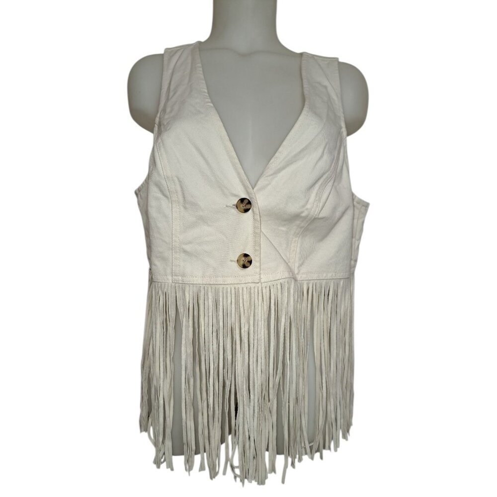 Boho Fringe Vest Momens OX Beige Cream Button Front Western Festival Top